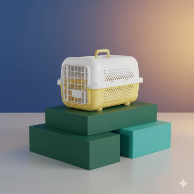 caisse de transport pour chat jaune sur présentoir