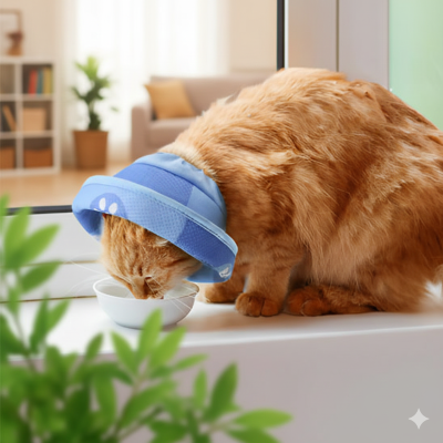 collerette bleue chat avec son bol de nourriture