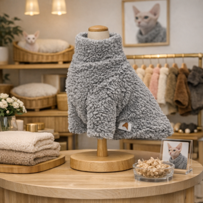 vêtements pour chat sphynx gris sur présentoir