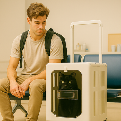 jeune homme assis à la gare avec son chat dans sa caisse de transport