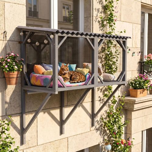 Catio pour chats fenêtre mur de maison