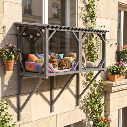 Catio pour chats fenêtre mur de maison