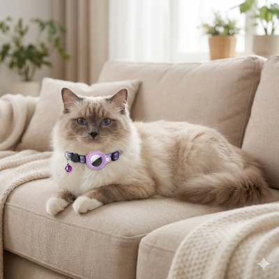collier gps pour chat mauve sur chat ragdoll