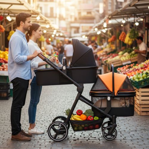 poussette chat et bébé pour les courses