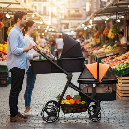 poussette chat et bébé pour les courses