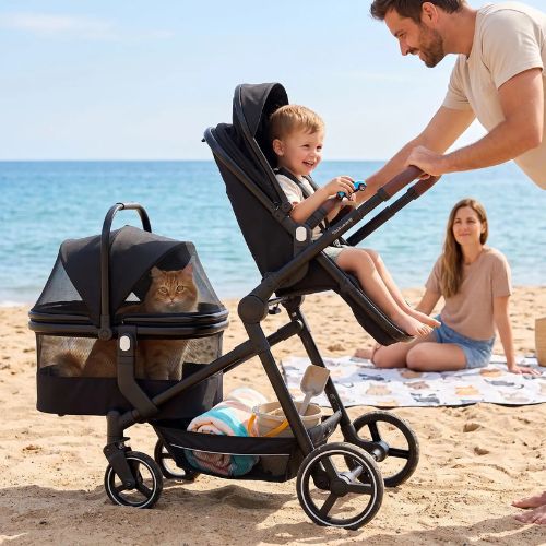 poussette chat et bébé pour la plage