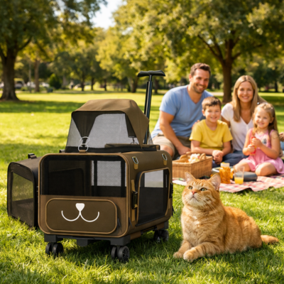 Poussette pour chat Chariot de Voyage sortie en famille