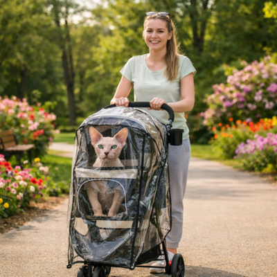 Poussette pour chat Premium avec housse de pluie par temps venteux