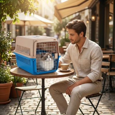 caisse de transport pour chat bleu sur table bistro