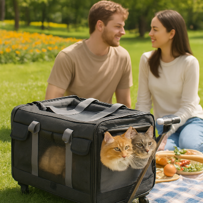 caisse de transport pour chat avec roulettes RollACat noir imageIA