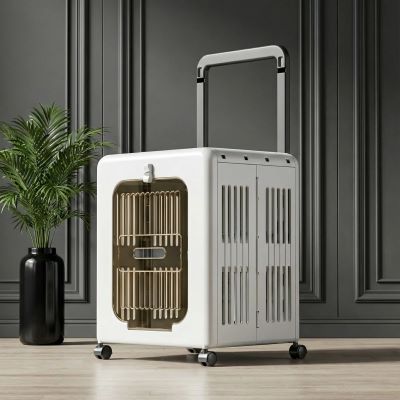 caisse de transport IATA grise posée au sol