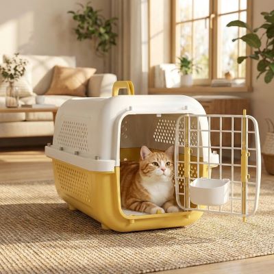 caisse de transport pour chat jaune au salon