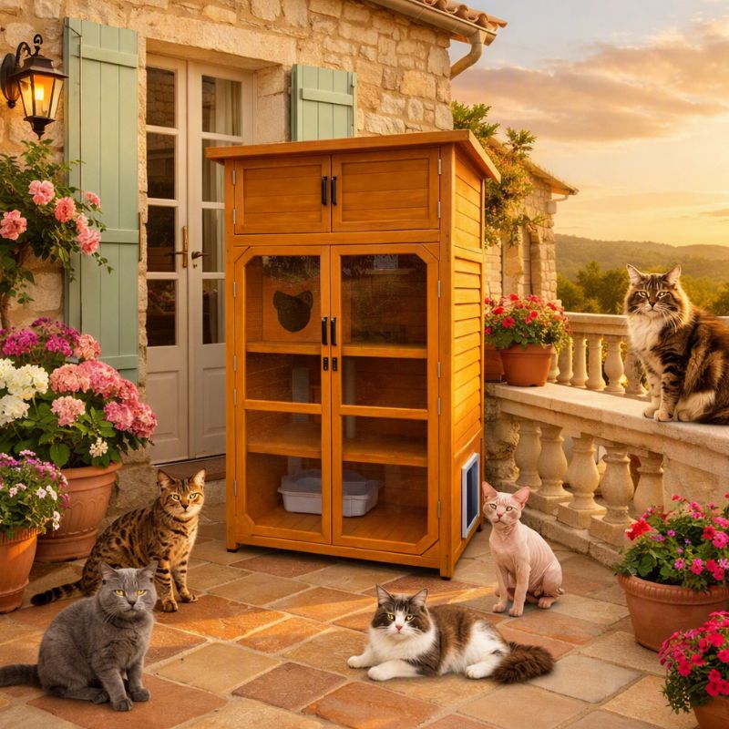catio balcon bois naturel avec armoire de rangement multi-chats