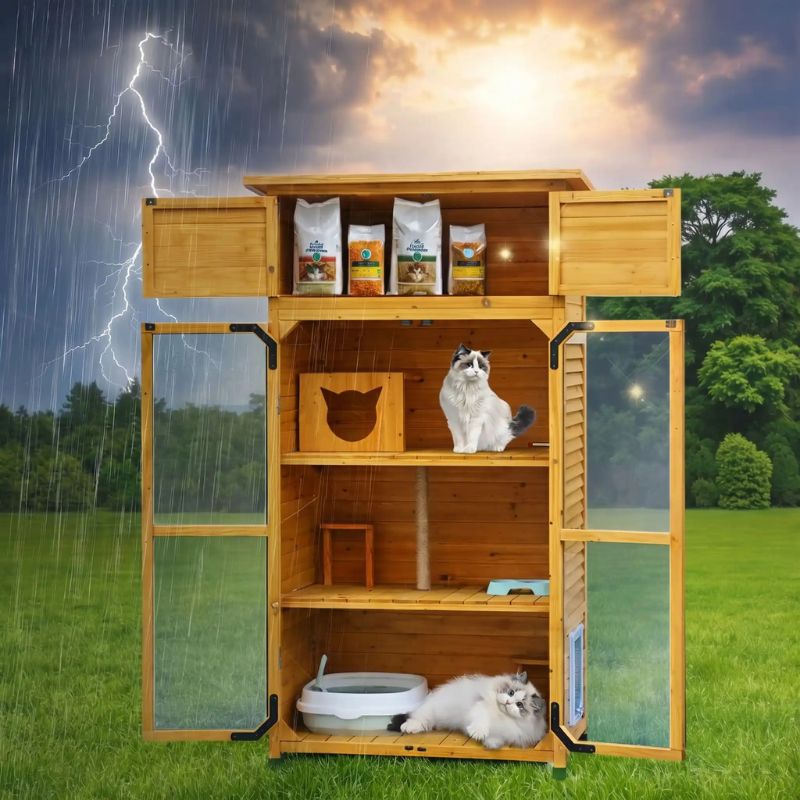 catio balcon bois naturel avec armoire de rangement résistant aux intempéries