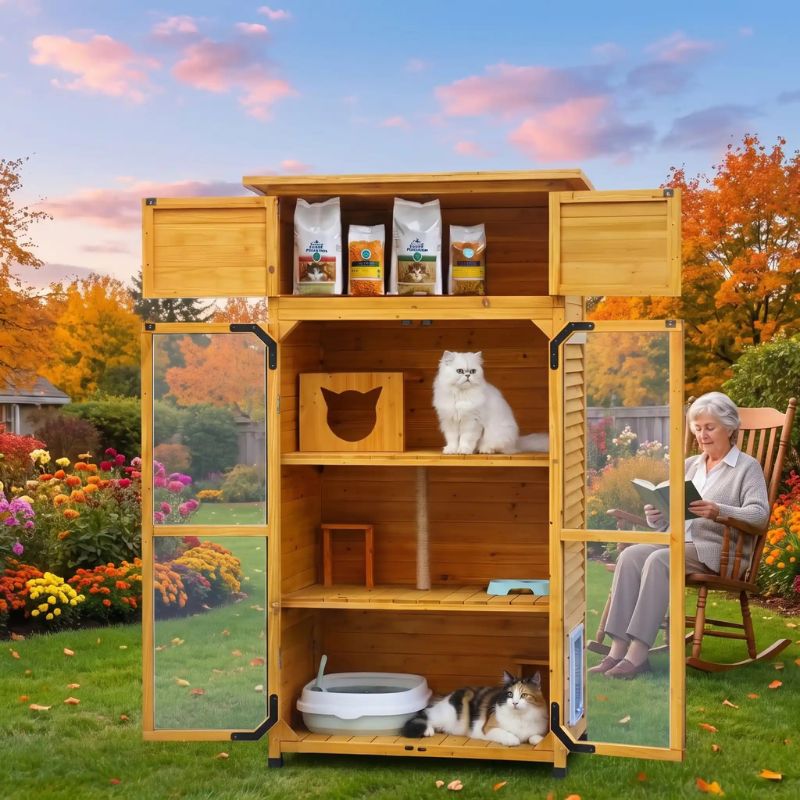 catio balcon bois naturel avec armoire de rangement pour la cour arrière