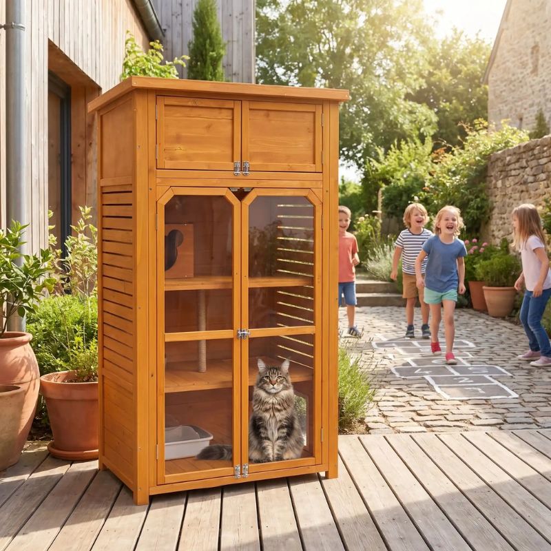 catio balcon sécurisé bois naturel avec armoire de rangement 
