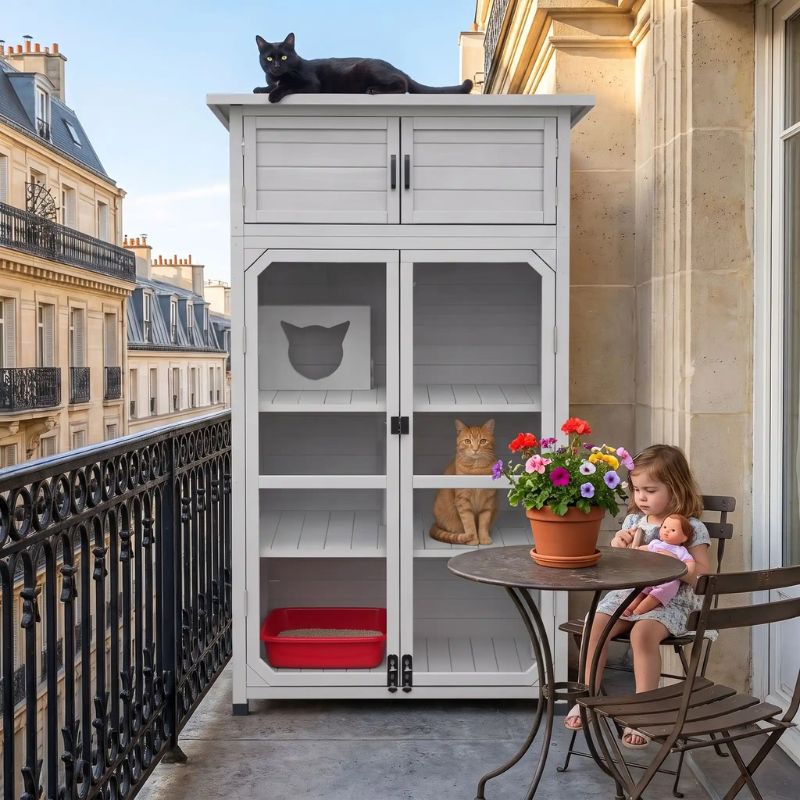catio balcon gris avec armoire de rangement pour petit espace