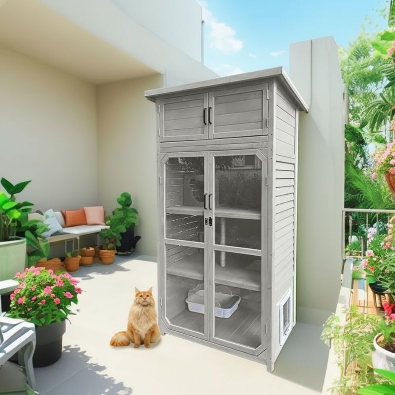 catio balcon gris avec armoire de rangement pour espace extérieur