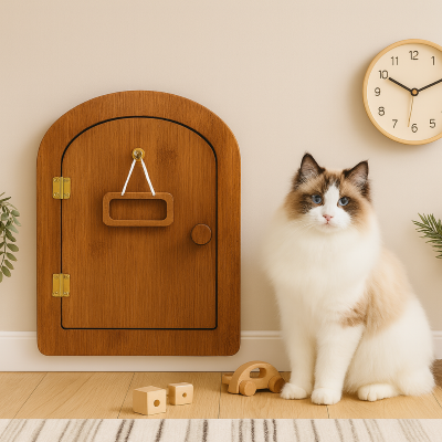 chatière bois antique avec chat près de la porte