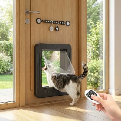 chatière électronique avec puce RFID montrant un chat sortant et la manette