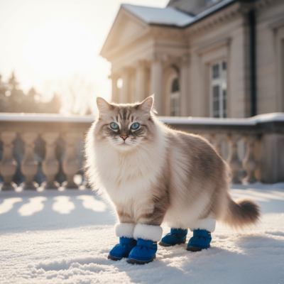 chaussures pour chat antidérapantes en peluche bleue sur chat