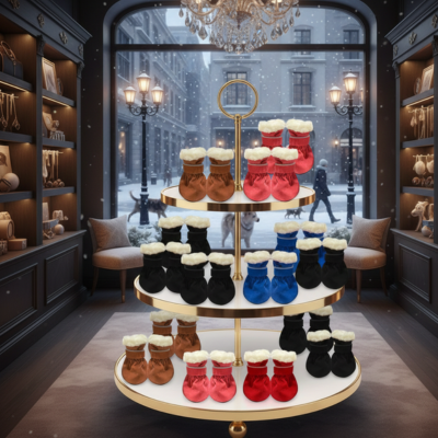 chaussures pour chat antidérapantes en peluche couleurs sur présentoir