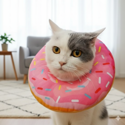 collerette rose sur chat au salon