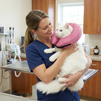 collerette chat gonflable rose chez le vétérinaire