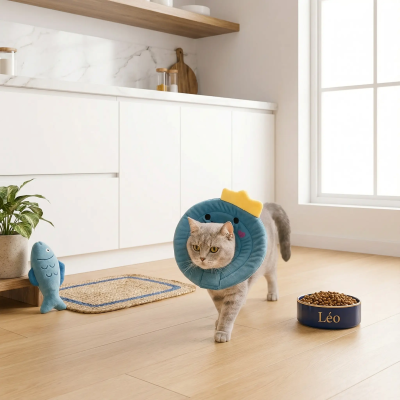 collerette chat dinosaure dans la cuisine