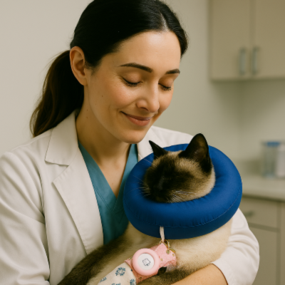 collerette souple pour chat bleue chez le vétérinaire
