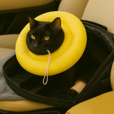collerette souple pour chat jaune sur chat en voiture