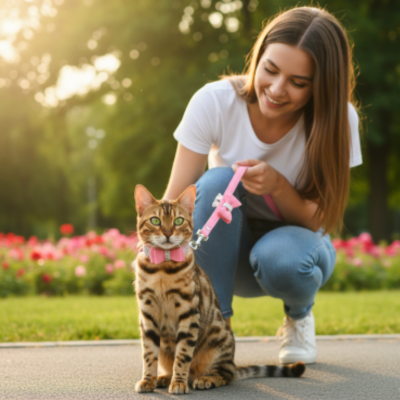 collier et laisse pour chat strass rose