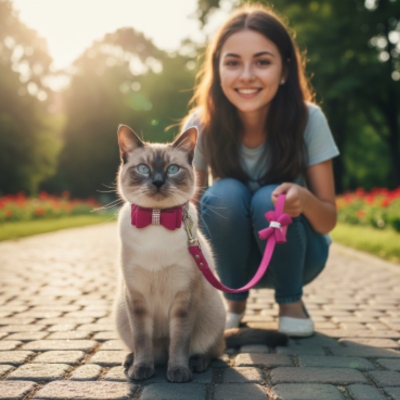duo collier et laisse pour chat strass rose