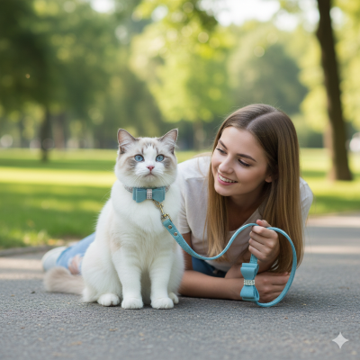 collier et laisse noeud et strass bleu avec jeune dame