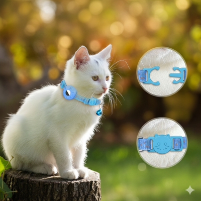 collier gps chat bleu sur chat blanc montrant la boucle