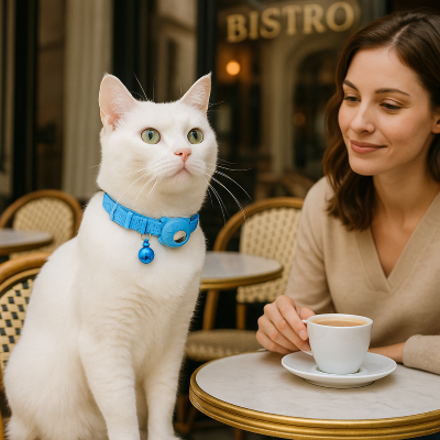 collier gps chat céleste bleu sur chat blanc