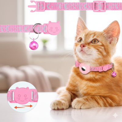 collier gps chat céleste rose double tête de chat