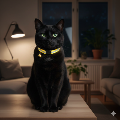collier réfléchissant chat jaune sur chat noir