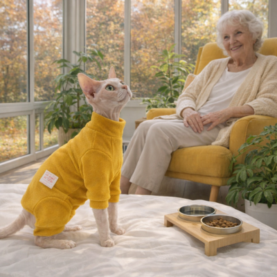 combinaison pour chats sphynx jaune sur chat