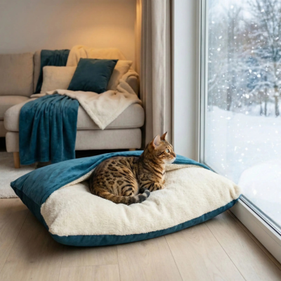 coussin pour chat enveloppant bleu