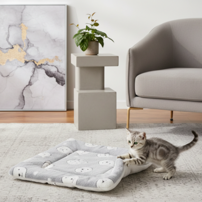coussin pour chat frileux gris avec chaton