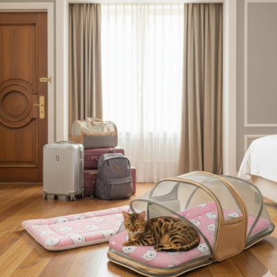 coussin pour chat frileux rose en voyage