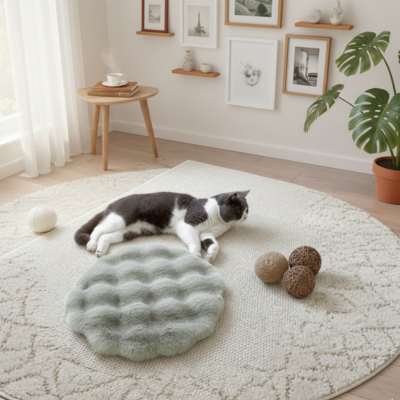 coussin rond gris au sol