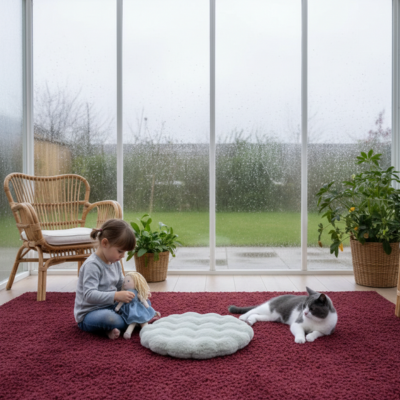 coussin rond gris dans une véranda