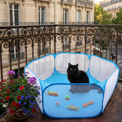 enclos grillagé pour chat sur balcon extérieur