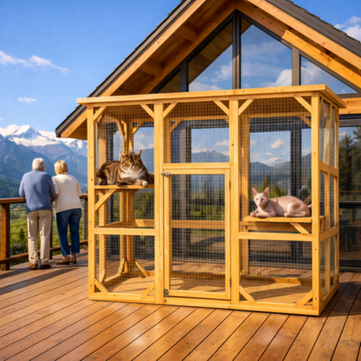 enclos pour chat extérieur en bois pour la terrasse