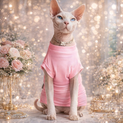 gilet pour chats sphynx Coton Doux rose sur chat avec collier