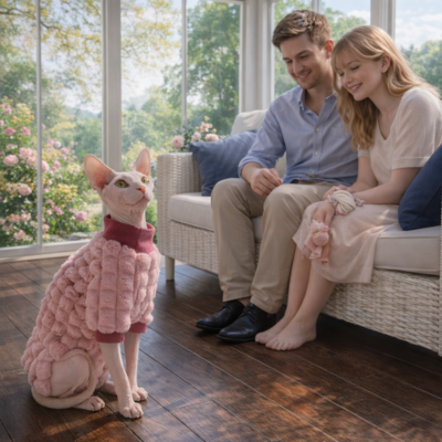 habits pour chat sphynx Peluche rose avec couple