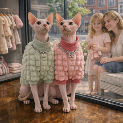 habits pour chat sphynx Peluche rose et vert sur chats