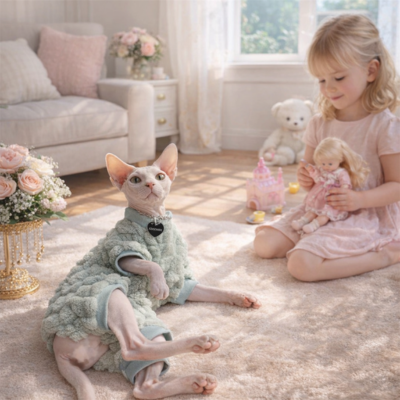 habits pour chat sphynx Peluche vert avec fillette